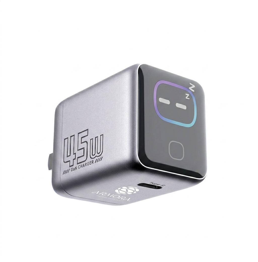 ARMORA Volt-AI 45W GaN fast charger with smart TFT display