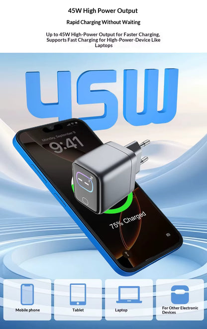 ARMORA 45W GaN charger with smart auto-disconnect for battery safety